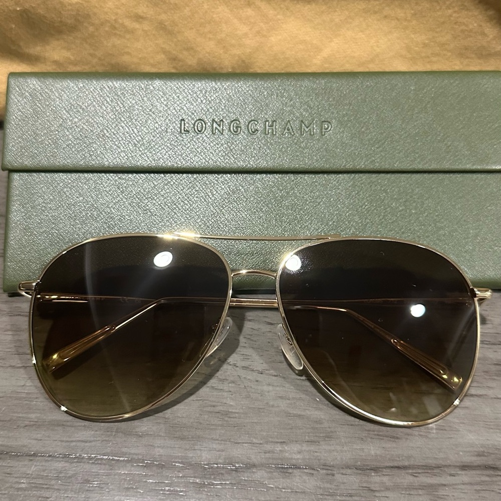 Longchamp Gold and Brown Aviator Sunglasses